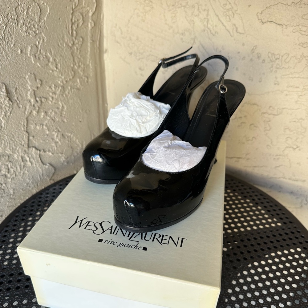 Yves Saint Laurent Glossy Black Slingback Heels (Size 40)